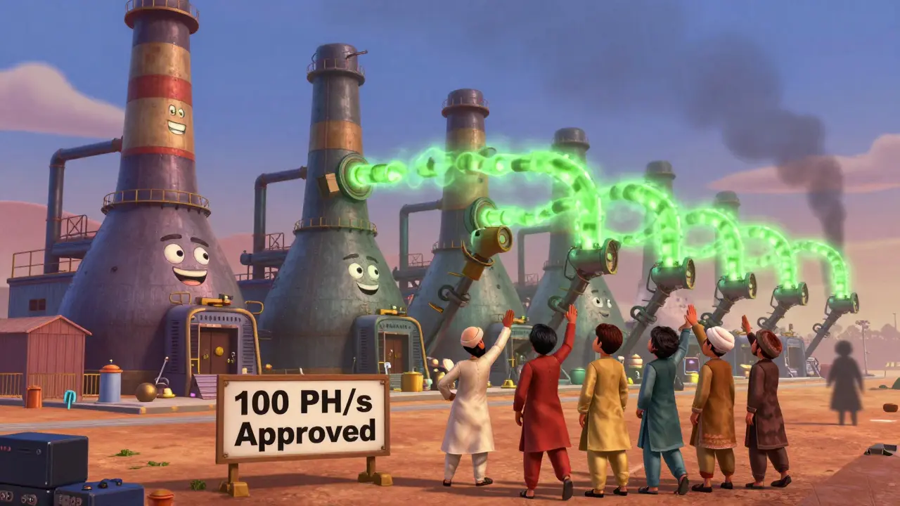 A friendly coal plant channeling surplus energy to mining rigs, while a home miner fades away, illustrating industrial-only mining rules.