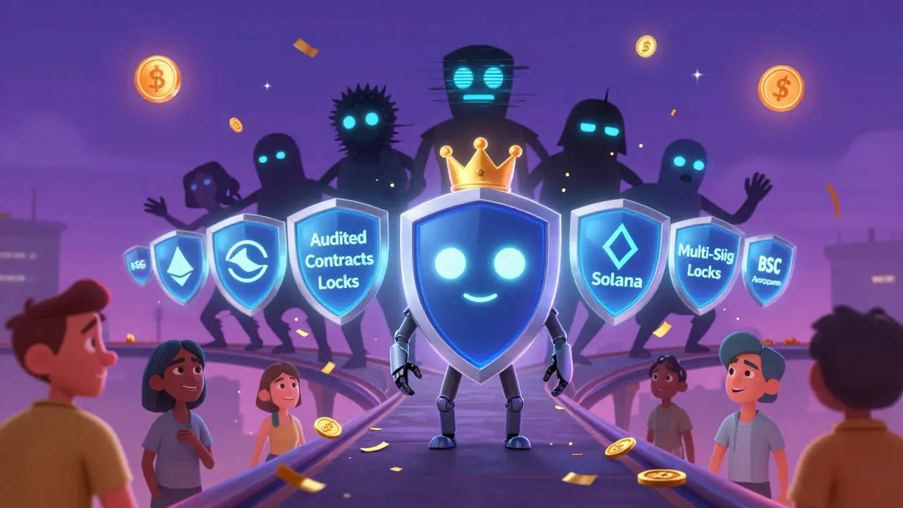 A heroic UNCX token robot standing on a multi-chain bridge, repelling scam projects with security shields.