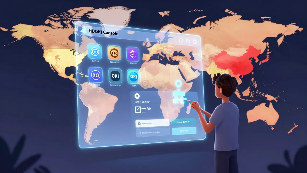 A holographic HDOKI Console dashboard with game, AI, and NFT icons, showing login via email and global access map.