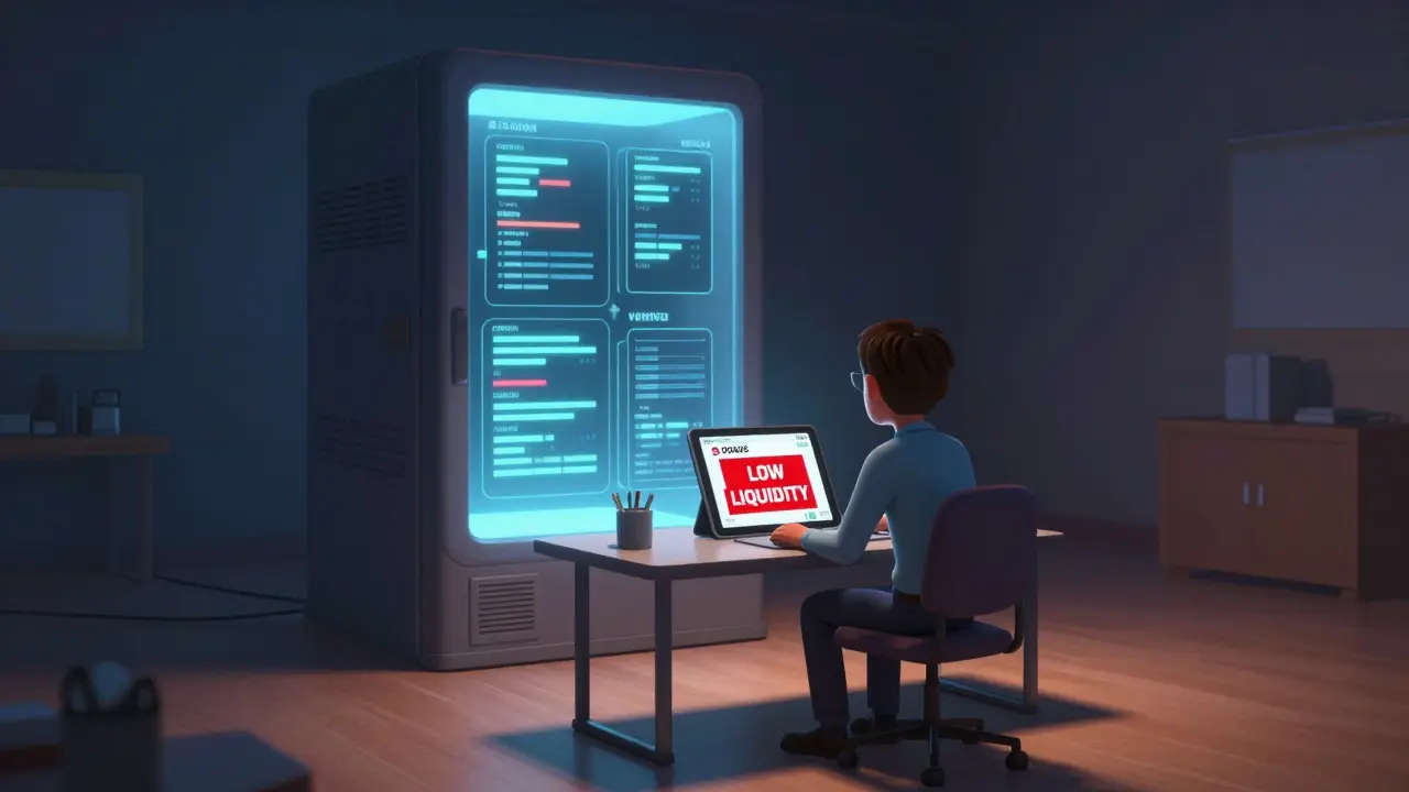 A lone investor stares at a low ORAIX price while a massive AI oracle system looms behind them.