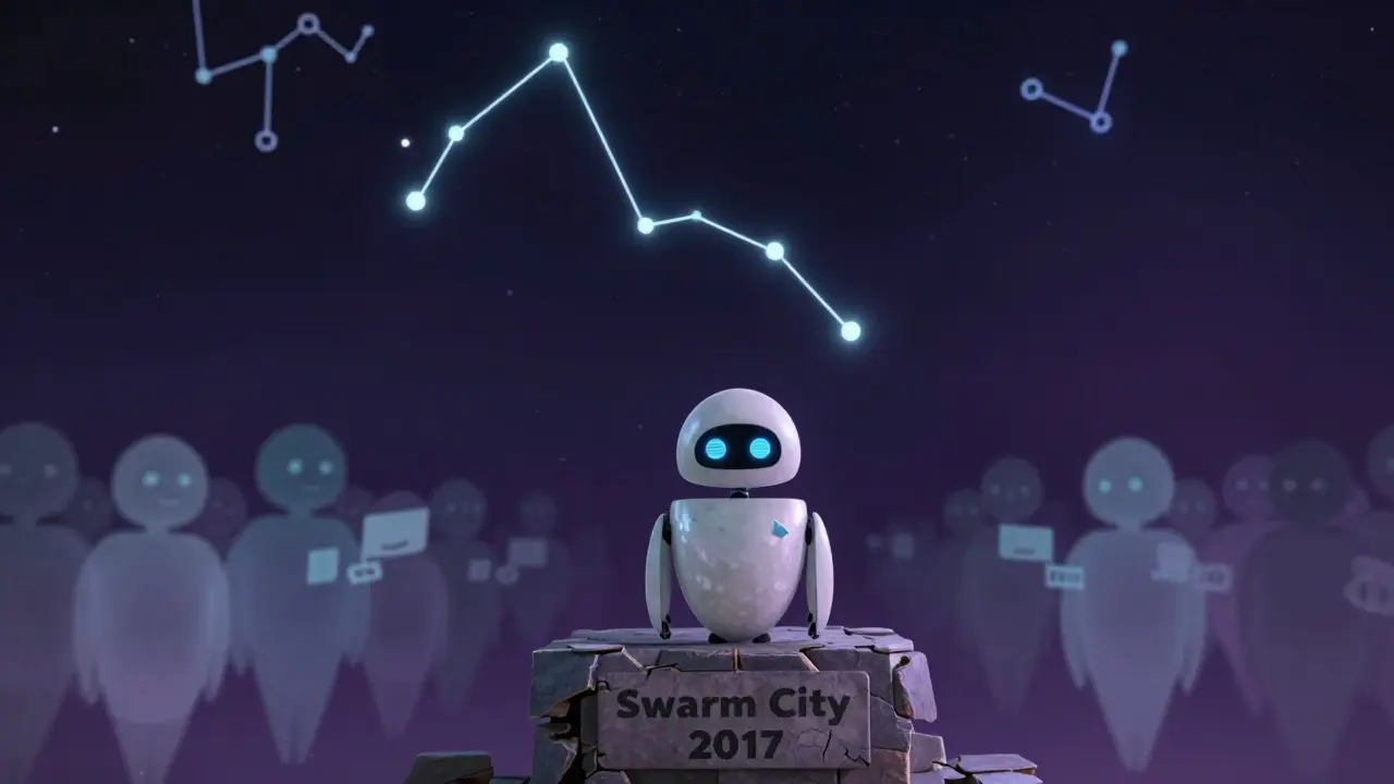 A lonely robot with SWT eyes sits on a crumbling monument, gazing at fading crypto constellations in the night sky.