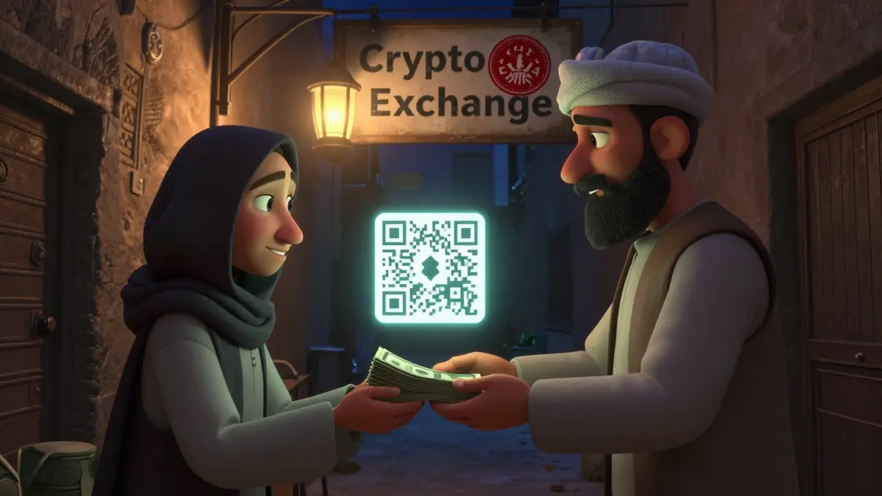 A man secretly trades cash for Bitcoin in a dark Afghan alley under a flickering lantern.