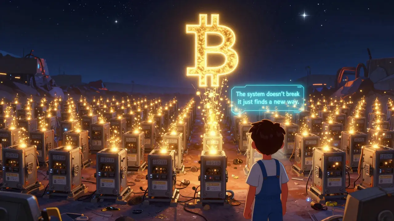 A mining farm at night with thousands of miners overflowing nonce, sending sparkles into a glowing Bitcoin logo.