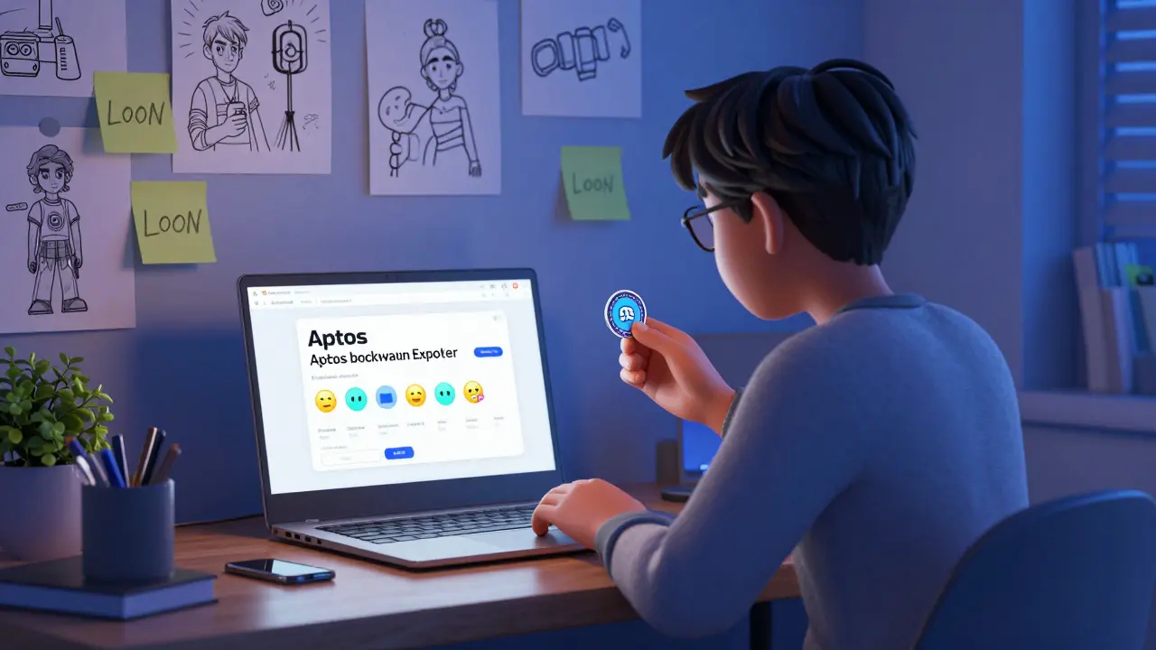 A person at home with LOON tokens, a laptop showing the Aptos blockchain, and wall full of hand-drawn NFT sketches.