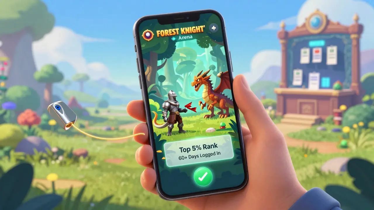 A player's smartphone shows a Forest Knight Arena battle with real-time stats, connected via golden thread to a MetaMask wallet.