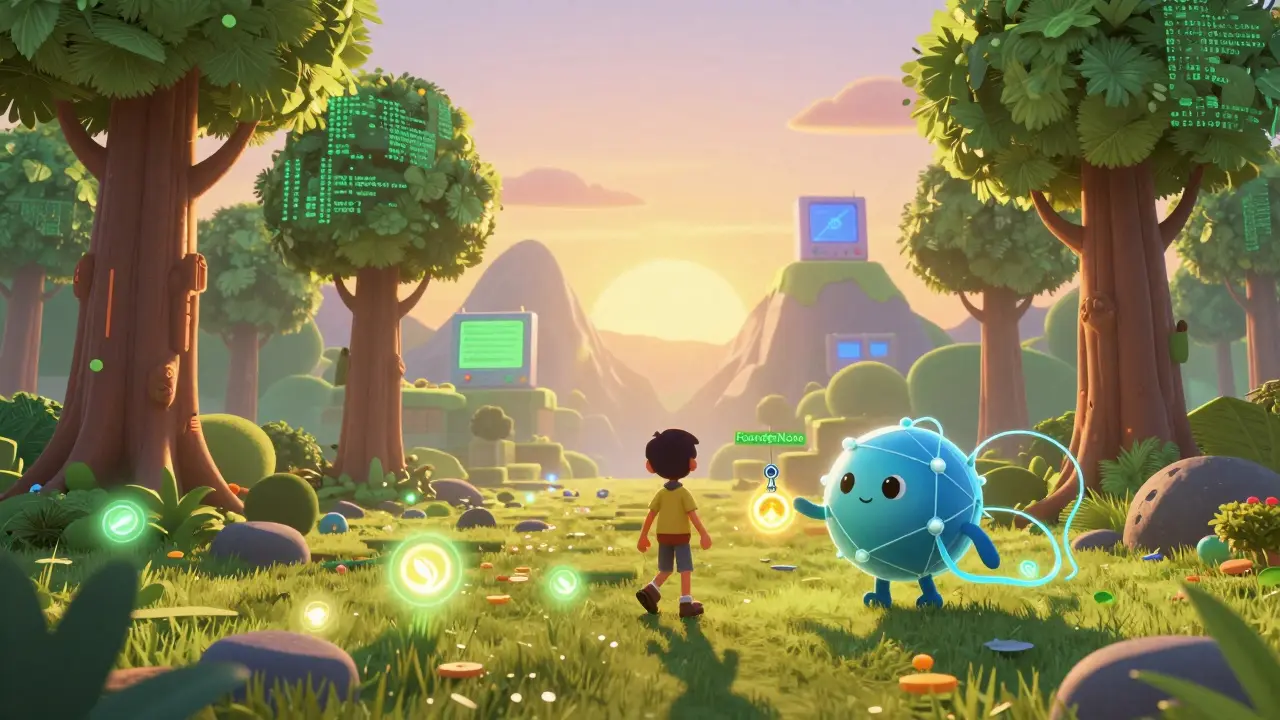 A player walks through a magical forest game world with a data-stream creature offering a FounderNode key.