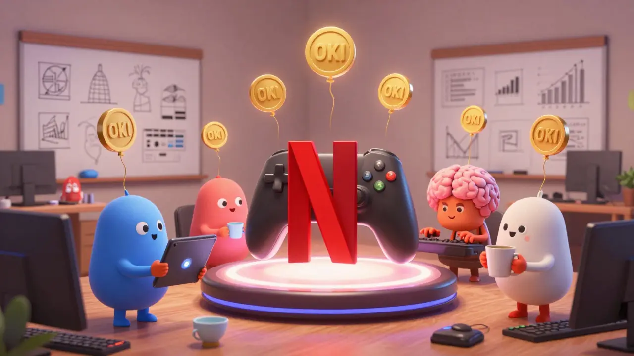 A small team of characters building a gaming-AI platform, with OKI tokens rising from users worldwide in a modest office.