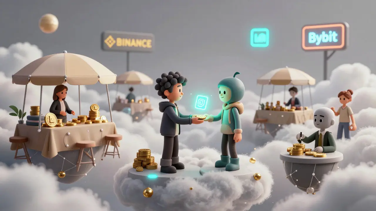A surreal floating marketplace where avatars trade LOON tokens for NFTs, with blockchain nodes and exchange logos in the distance.