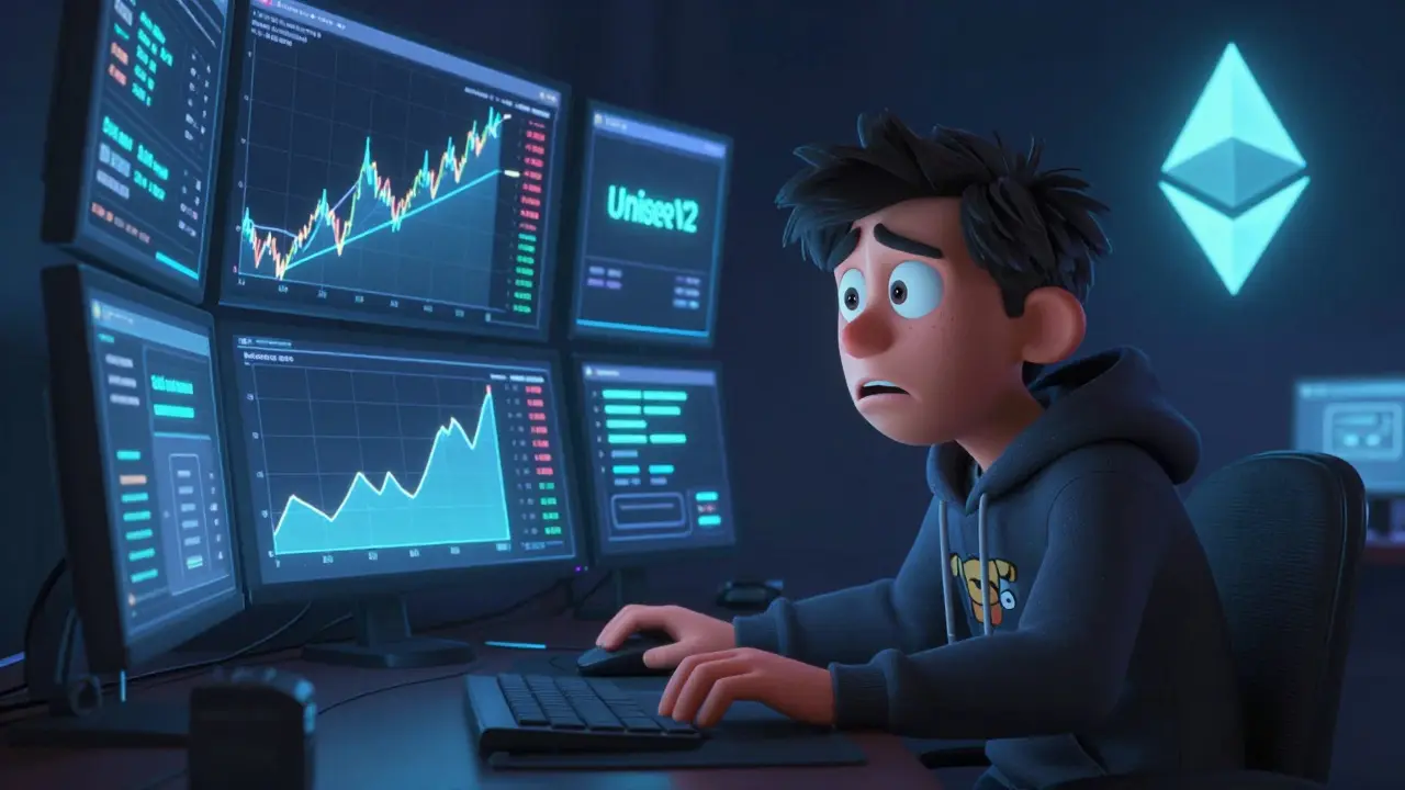 A trader in a hoodie surrounded by chaotic crypto price charts and a glowing Uniswap interface.