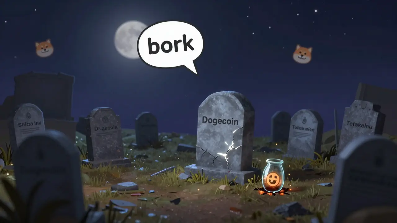 An abandoned digital graveyard with a glowing Totakeke tombstone and floating bork speech bubble.