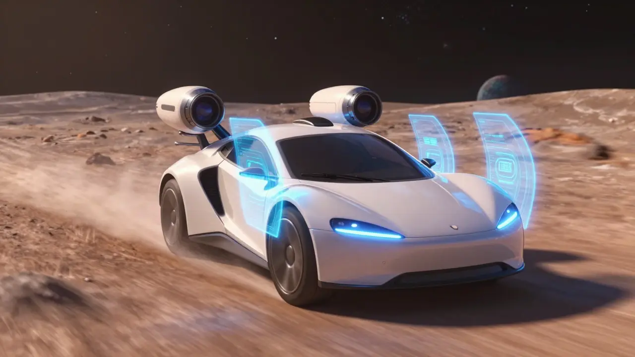 Animated autonomous vehicle driving on moon with holographic security shields.