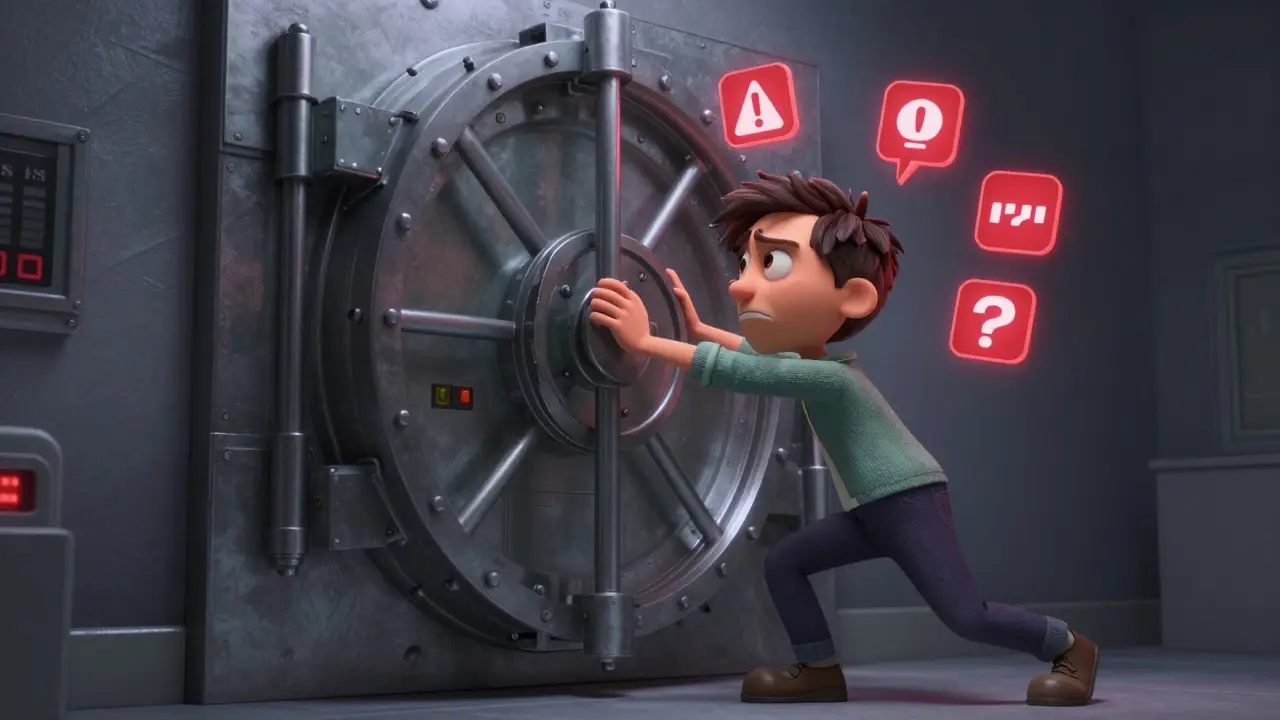 Animated character frustrated trying to open a locked digital safe door.