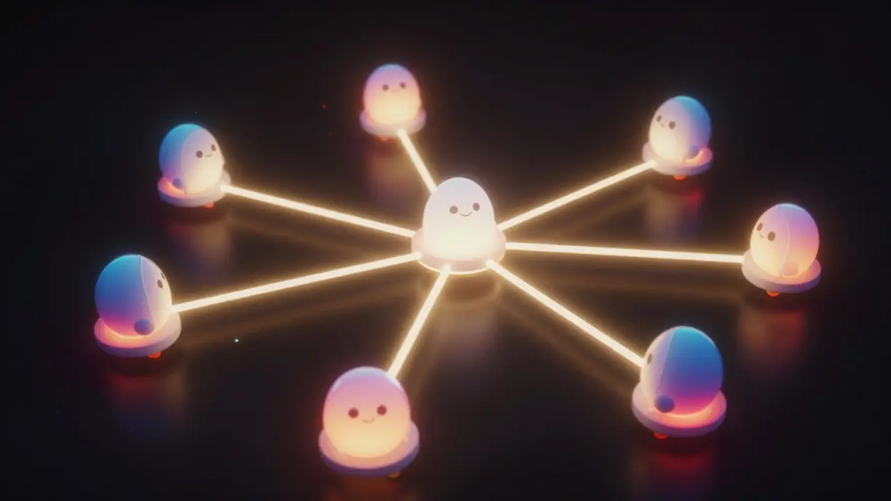 Cartoon style glowing digital nodes connected by light beams in dark space.