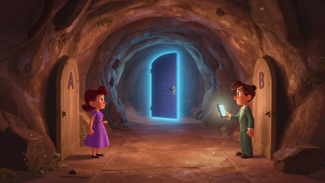 Cave analogy showing two paths and magical secret door inside