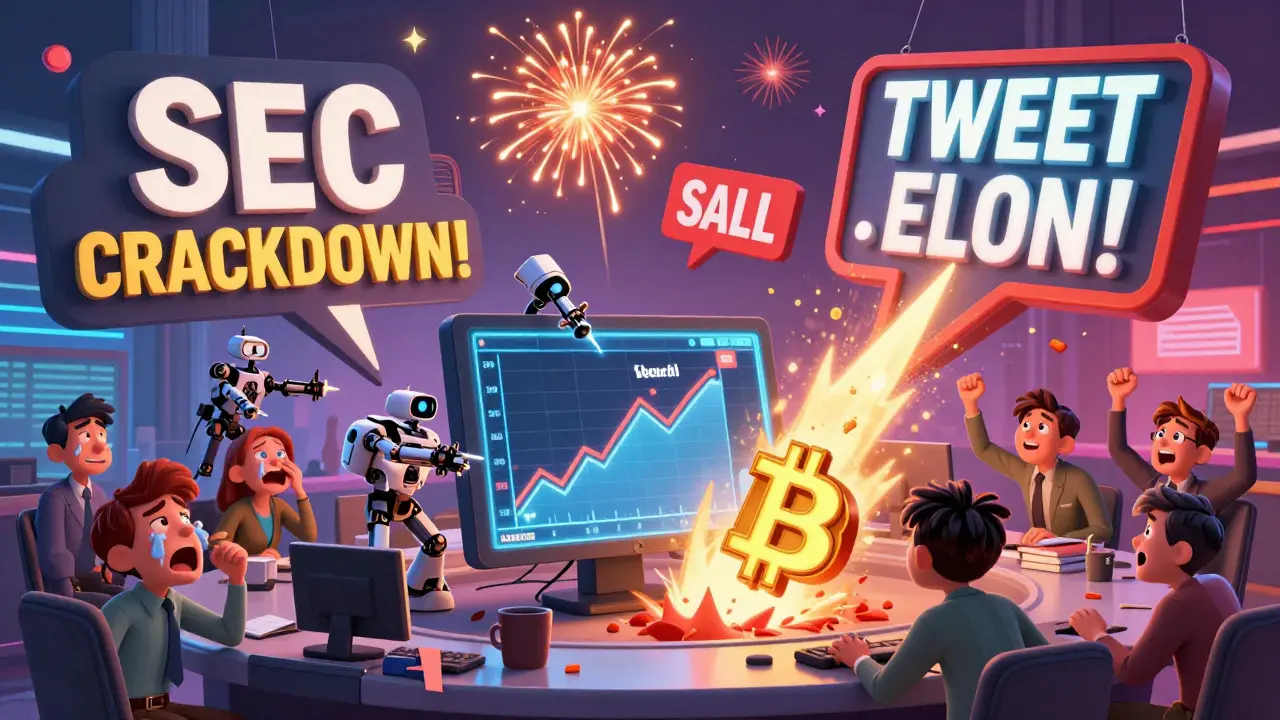 Chaotic trading floor with exploding news headlines triggering robot traders and a crashing price graph.