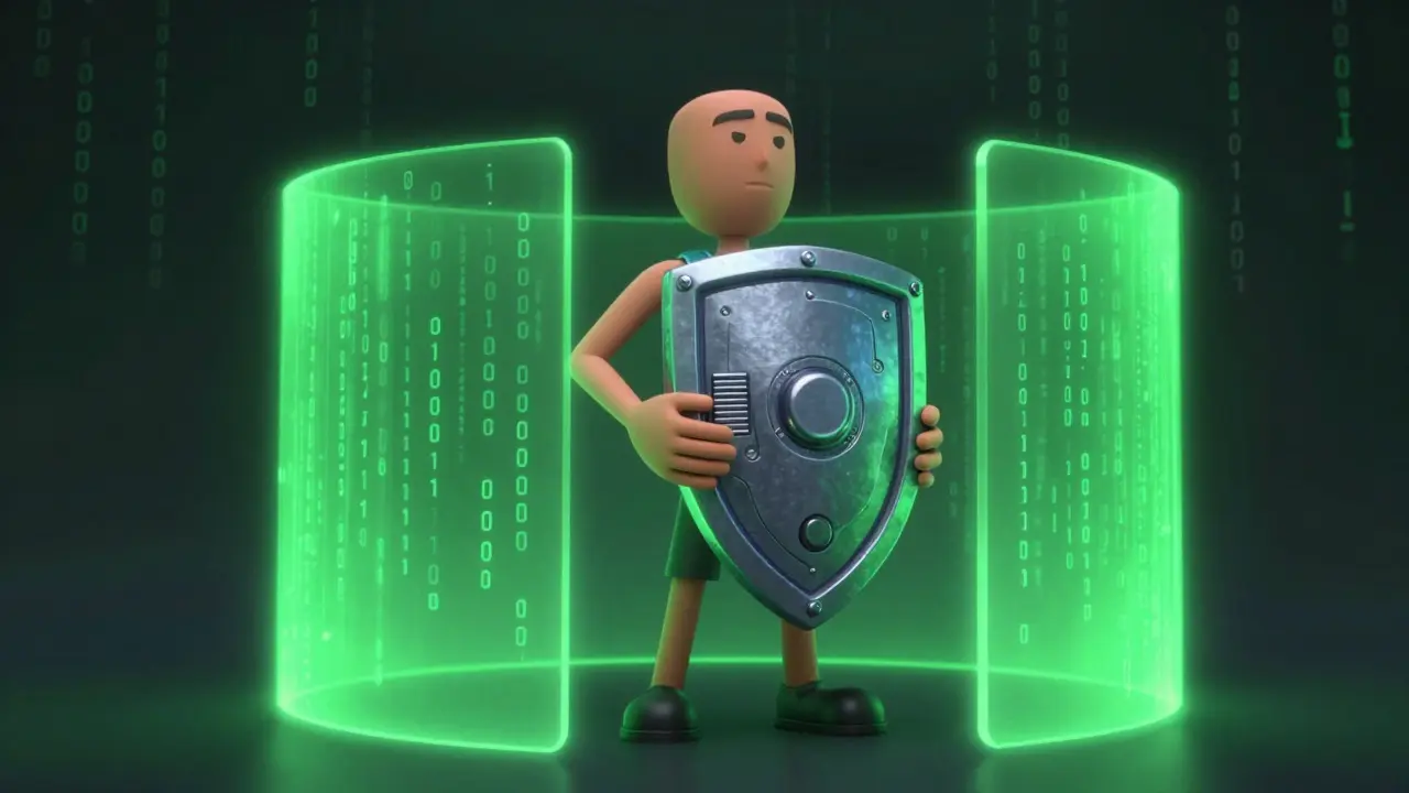 Character holding a hardware wallet device shield against a dark digital background.