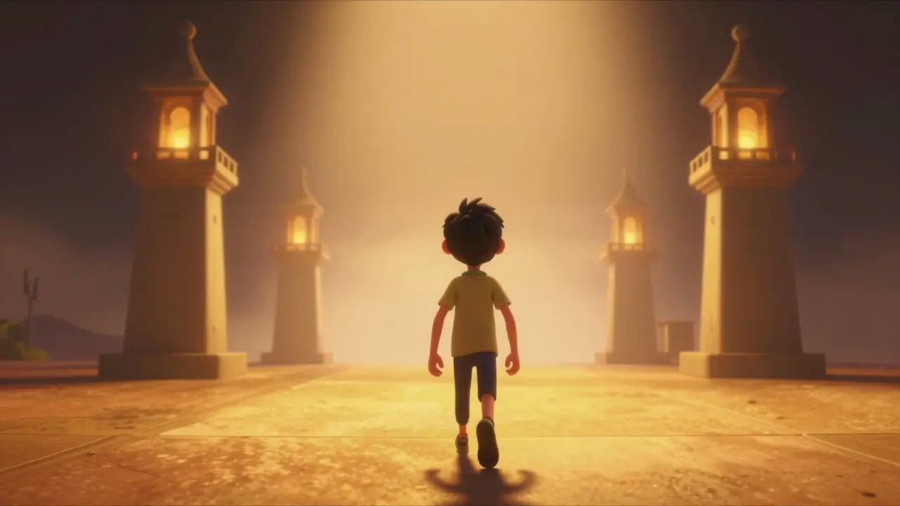 Character walking towards secure, brightly lit financial towers in distance.