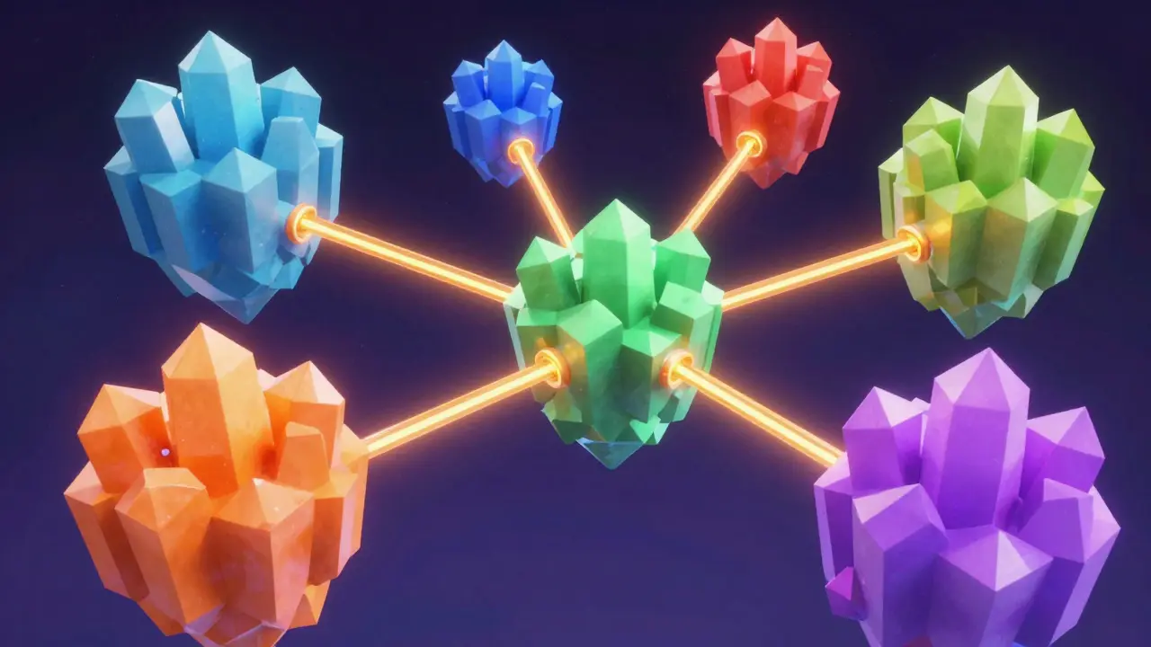 Colorful floating platforms connected by light bridges representing different blockchain networks.