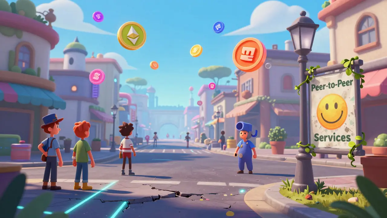 Colorful SWT tokens drift above an empty street where cartoon service providers once gathered, now abandoned and overgrown.