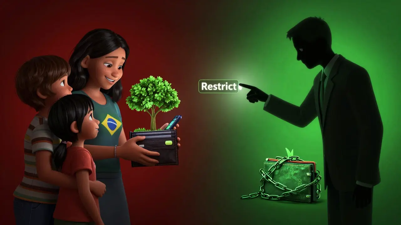 Contrasting scene: family receiving digital subsidy vs. frozen wallet under government restriction.