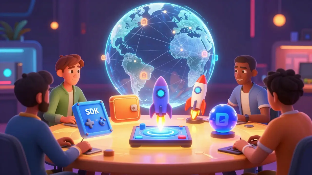 Developers and players using four interactive tools to build a blockchain game together.