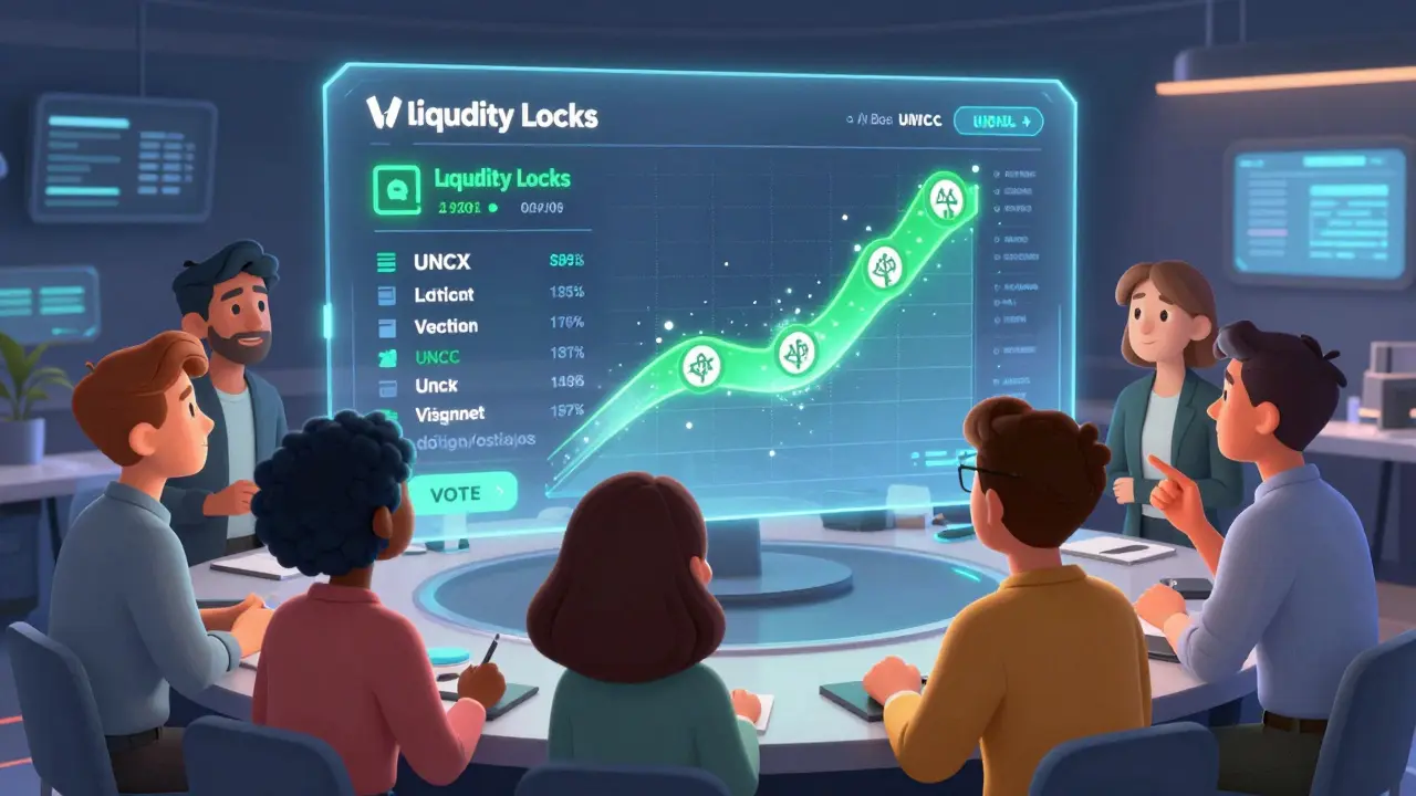 Diverse users interacting with a glowing UNCX dashboard showing liquidity locks and vesting schedules.