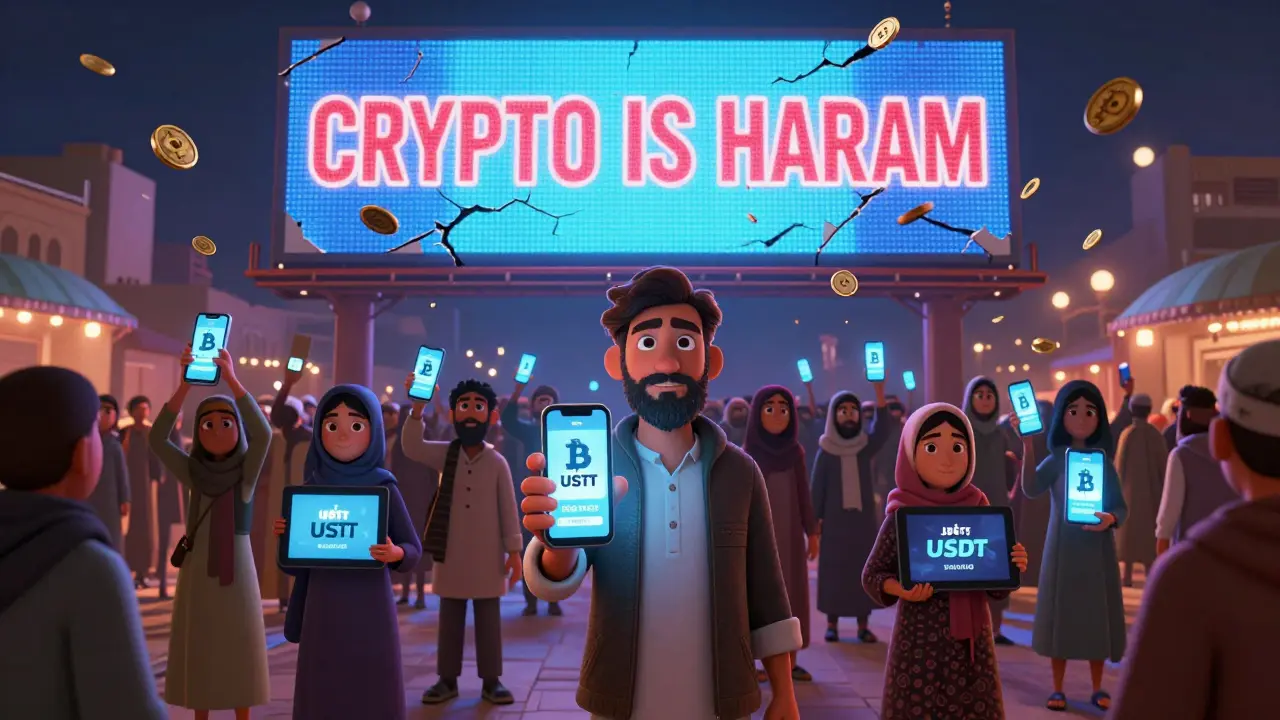 Families hold up devices glowing with crypto balances in an empty marketplace under a cracked 'Crypto Is Haram' sign.