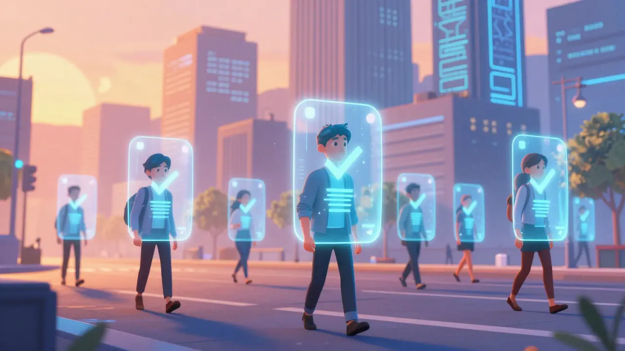 Futuristic city with citizens protected by privacy data shields