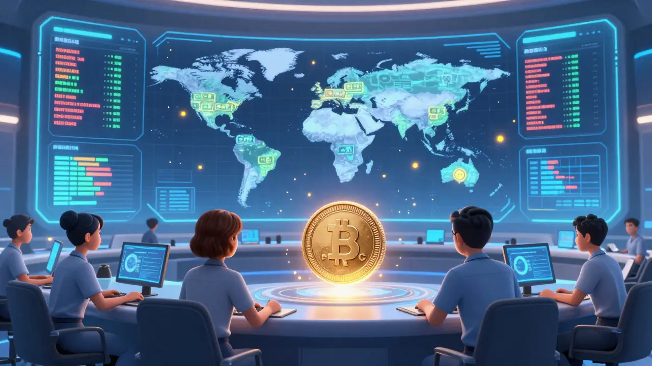 Government analysts monitoring real-time global CBDC flows on holographic dashboards.