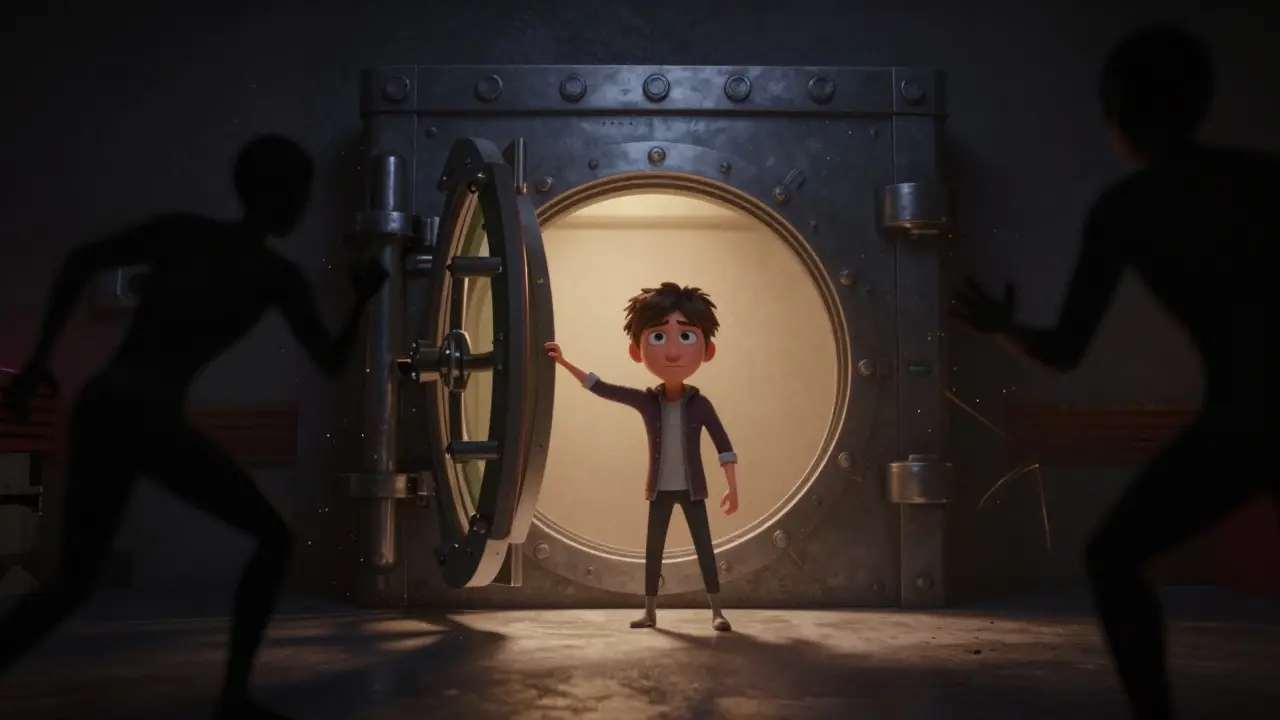 Hero guarding a glowing metal vault against lurking shadow figures in a room