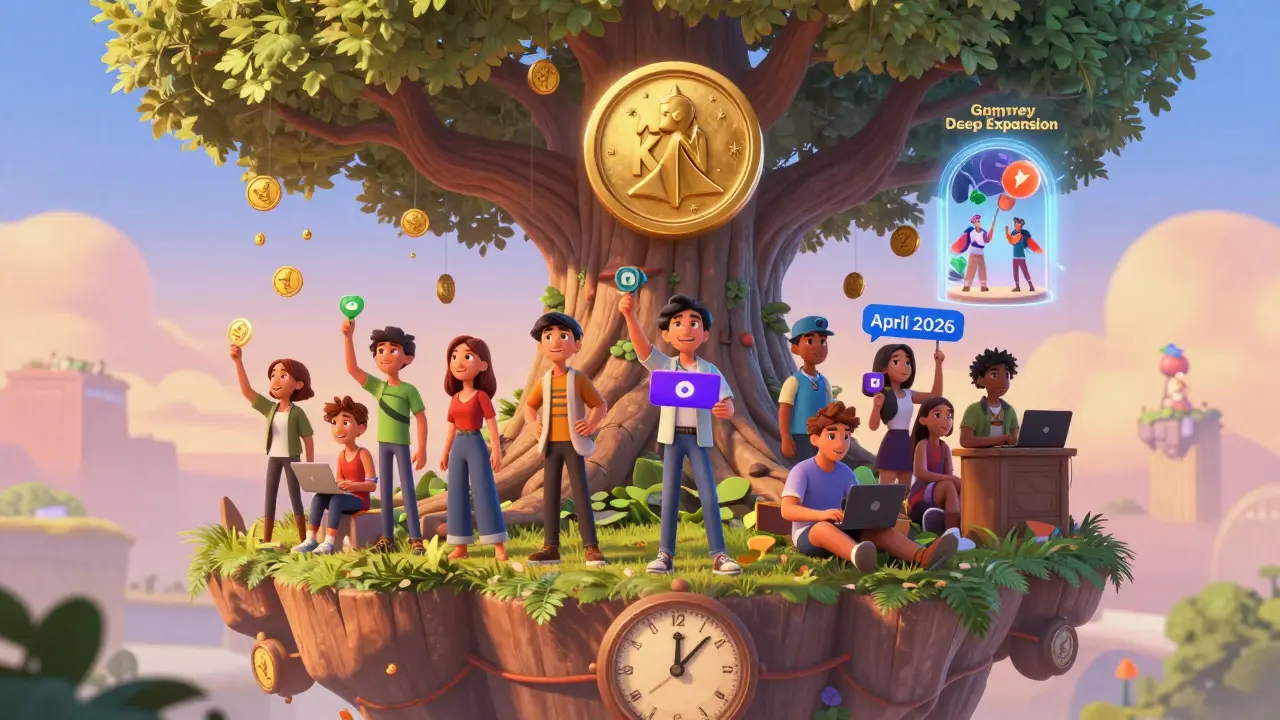 Players stand on a floating platform shaped like a KNIGHT token, with golden tokens raining down as a portal to Gamrey Deep opens above.