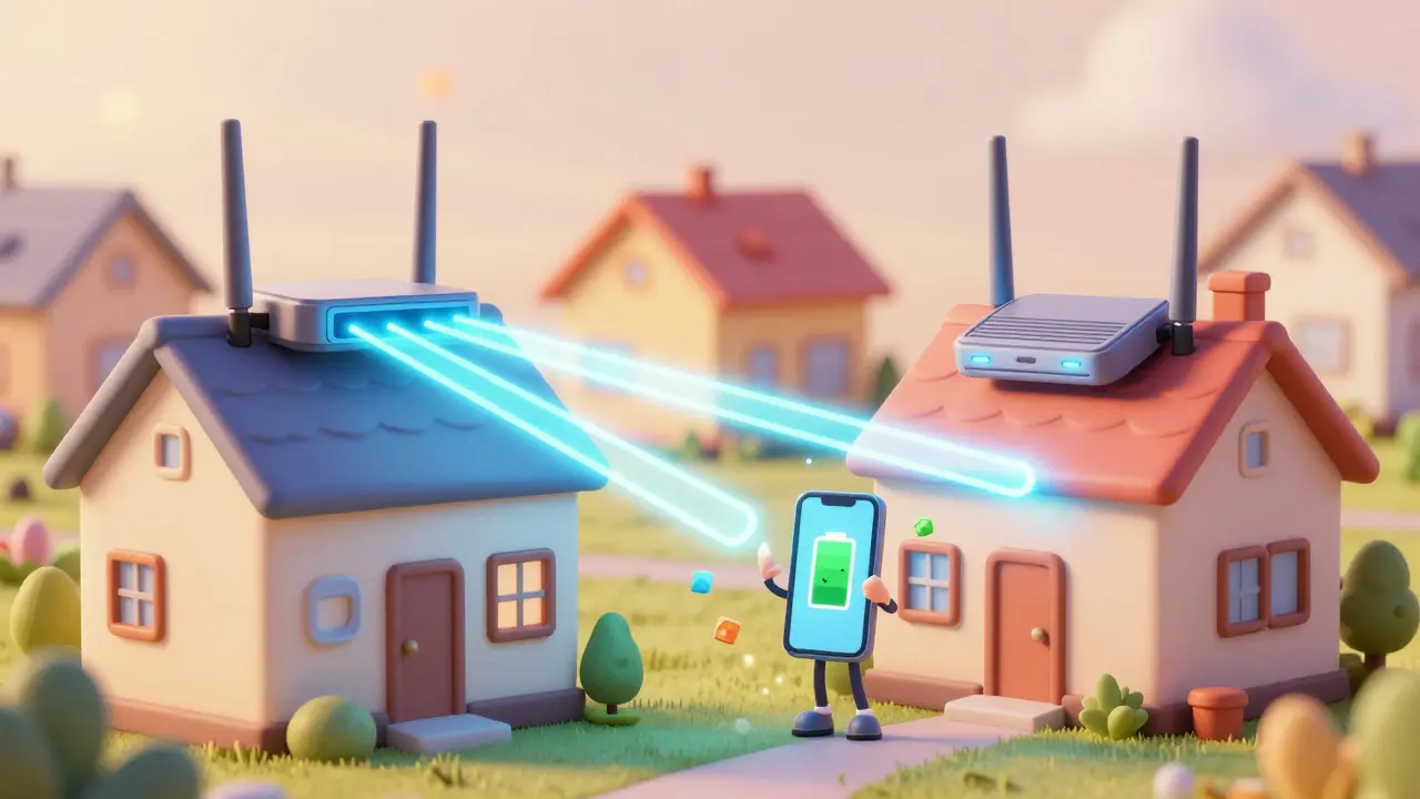 Suburban homes linked by bright neon beams representing a shared internet network