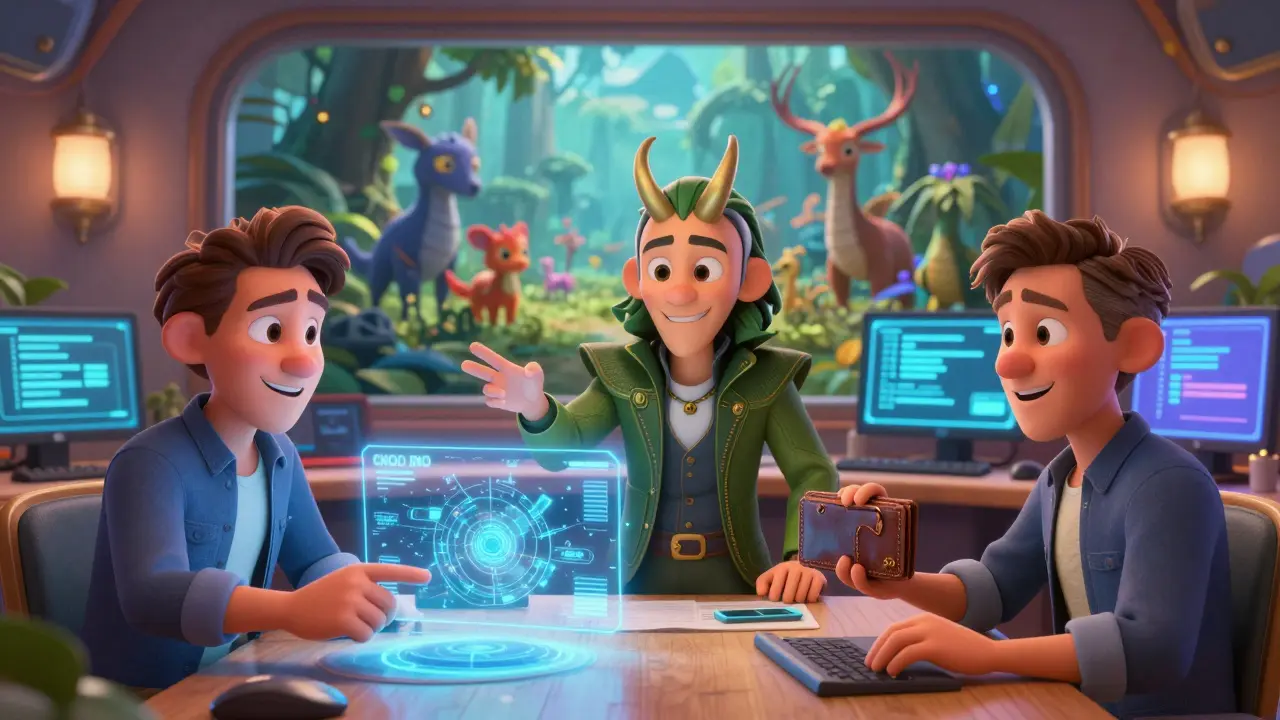 The ZOO Crypto World team in a high-tech room, reviewing the metaverse with holograms and secure monitors.