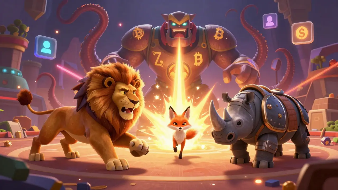 Three players battle with NFT animals against a massive crypto-themed boss in a glowing arena.