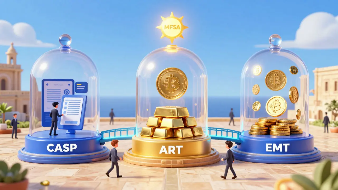 Three regulated crypto firms in Malta connect via an EU passport bridge, symbolizing trust and cross-border access.