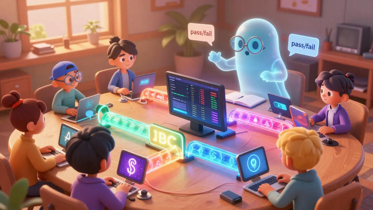 Users swap tokens across glowing IBC bridges in a decentralized trading floor with an AI observer.