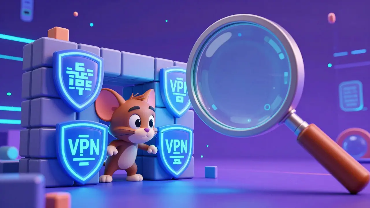 A character hiding behind digital shields while being scanned by a giant magnifying glass.