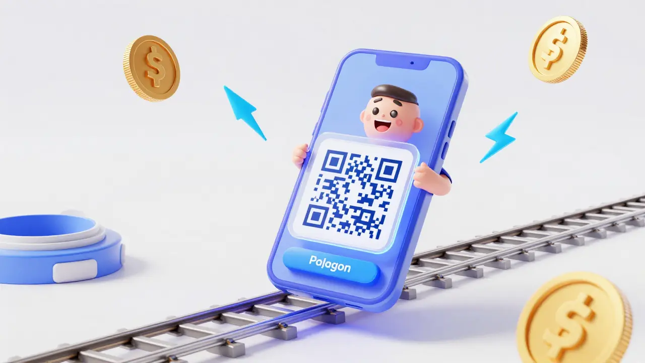 A character using a smartphone to scan a holographic QR code for a fast digital payment.