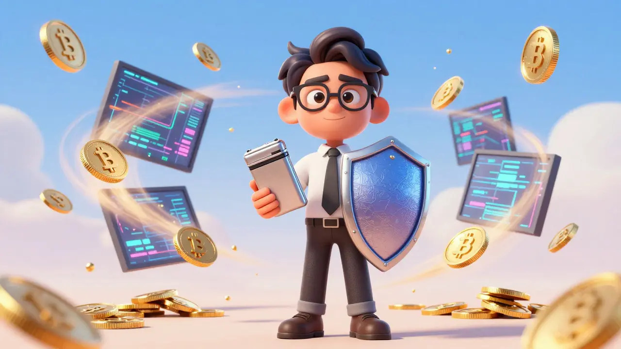 A confident person holding a hardware wallet for security against crypto scams.