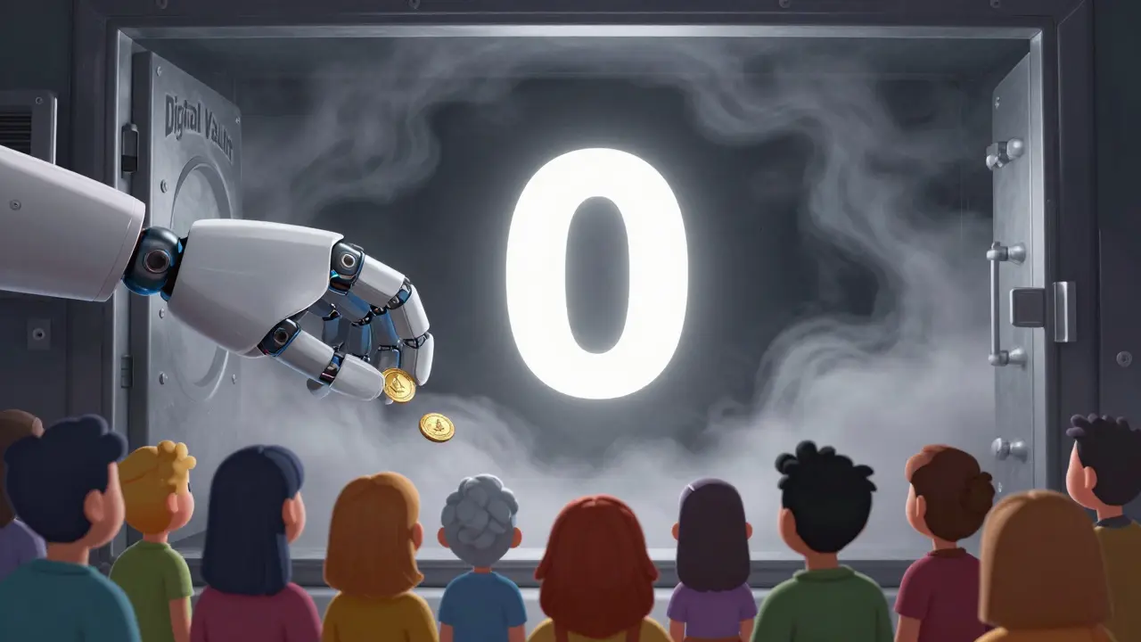 A crowd of people facing an empty digital vault with a floating zero symbol.