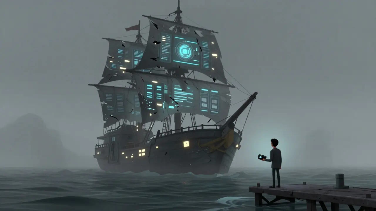 A crumbling digital ghost ship floating in a foggy sea symbolizing a defunct exchange.