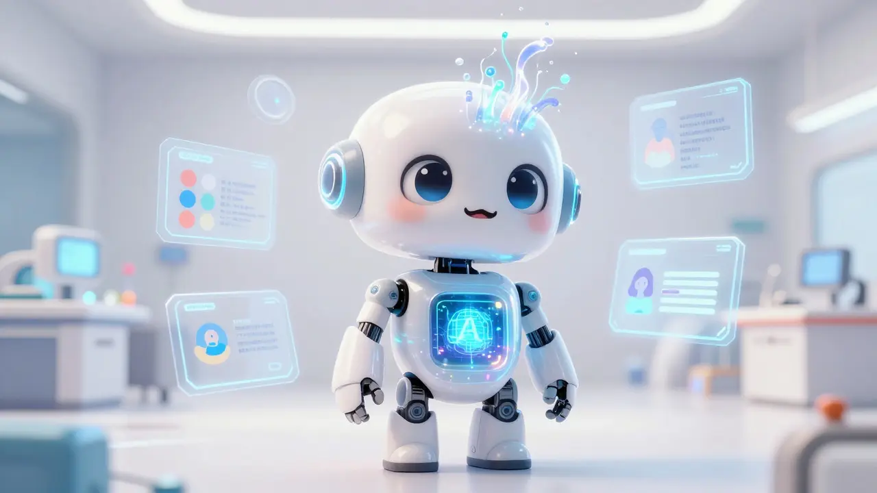 A cute sentient AI robot evolving with glowing data streams and futuristic interfaces.