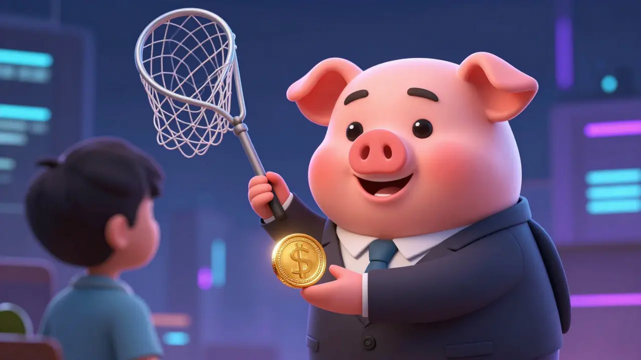 A deceptive character offering a gold coin while hiding a net behind his back