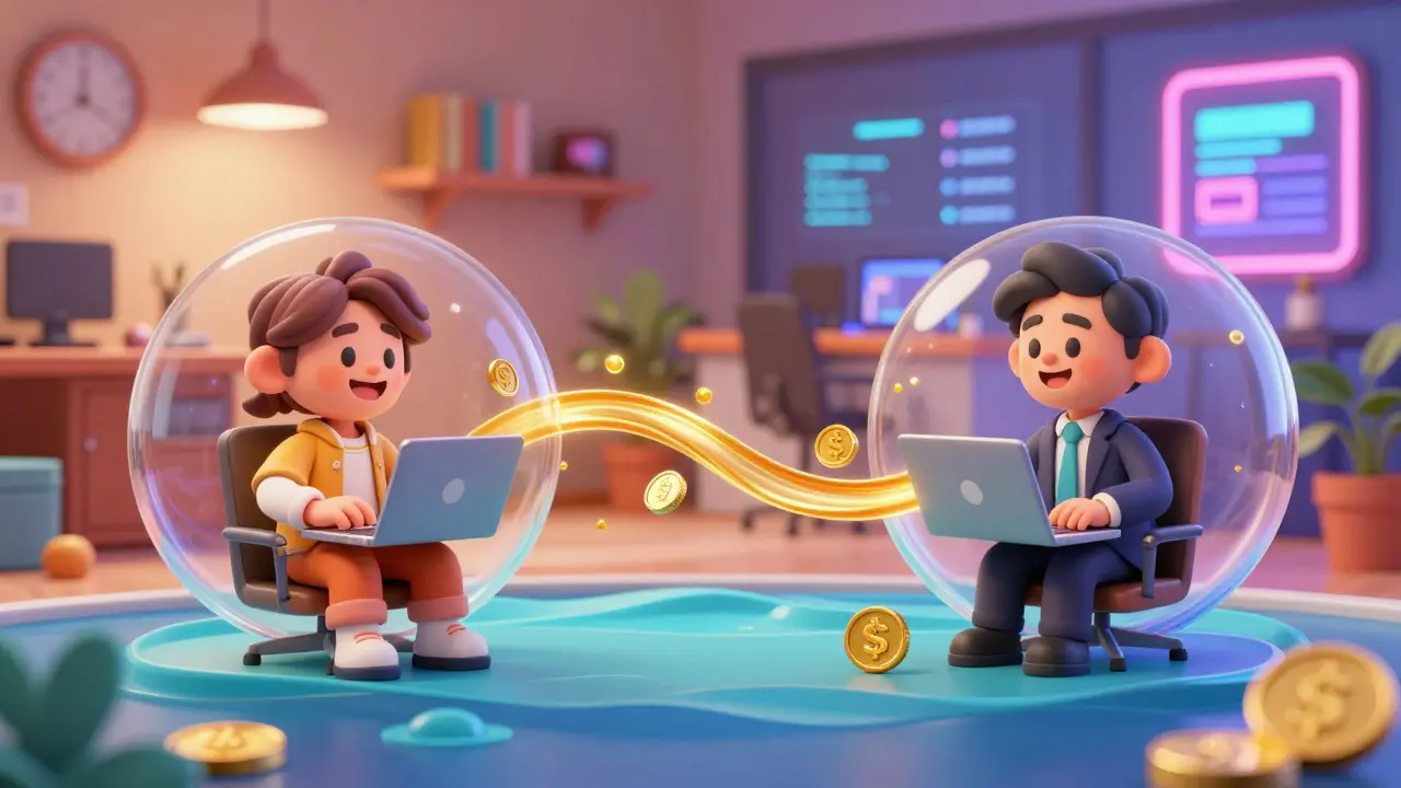 A designer in Bristol and a client in Tokyo connected by a flowing stream of golden digital currency.