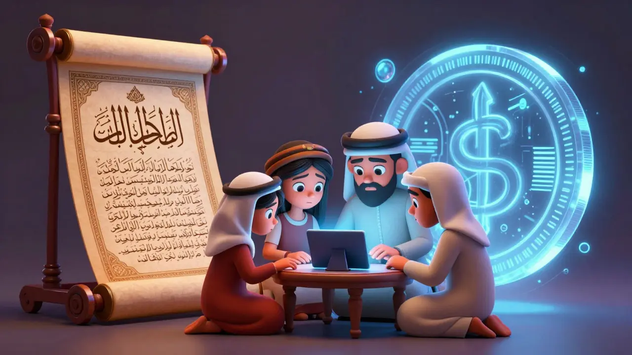 A family looking at a tablet between a religious scroll and a holographic crypto coin.