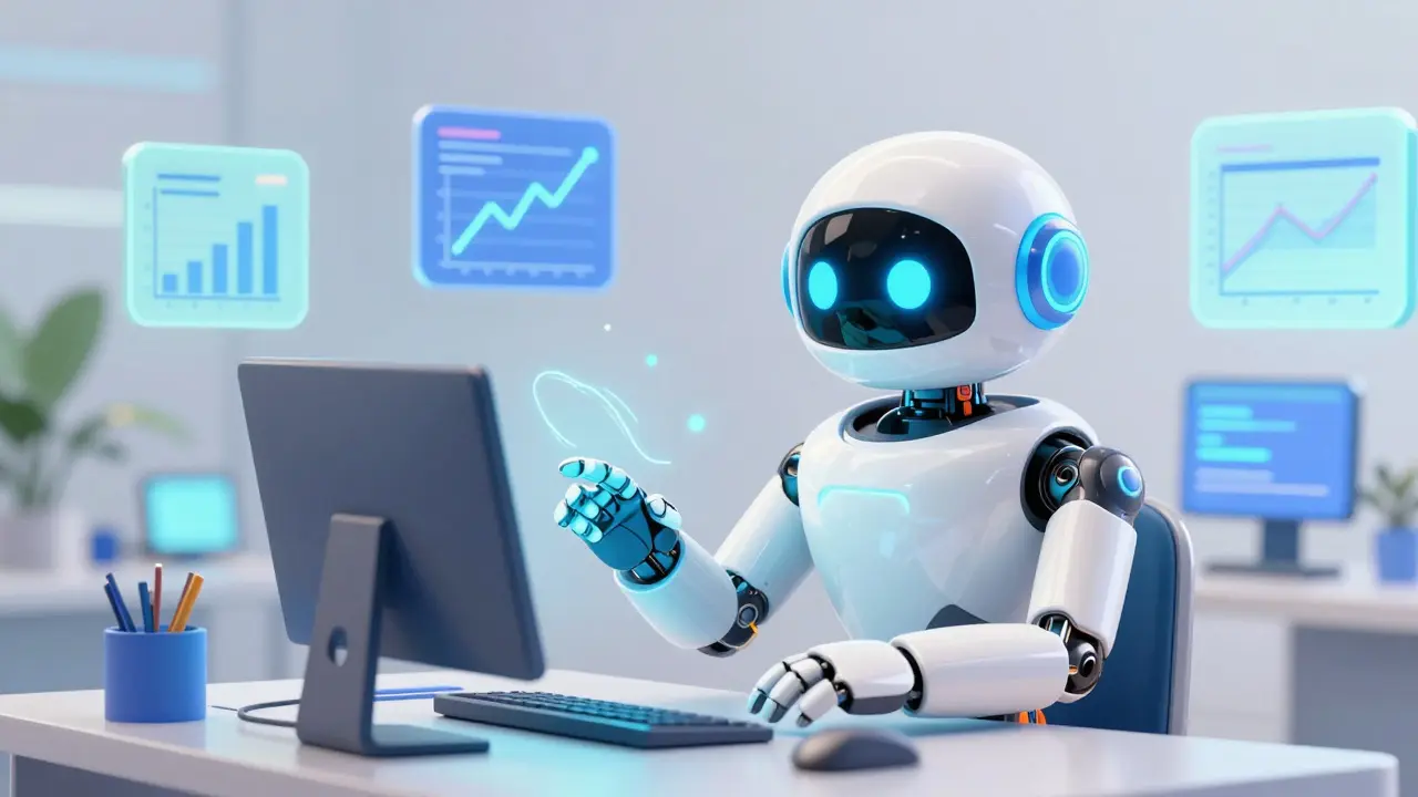 A friendly AI robot assisting a trader with holographic 3D data charts in a futuristic setting.