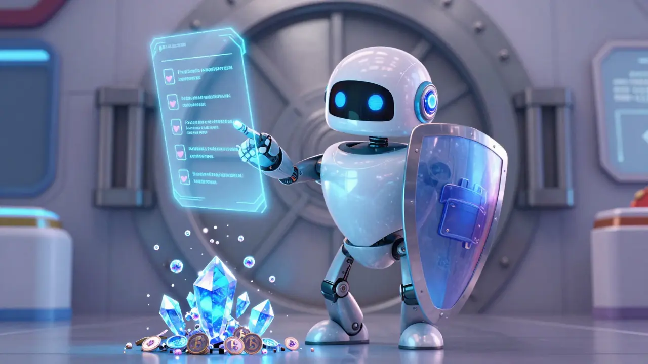 A friendly robot guarding a glowing blue crystal from a swarm of deceptive glitter-coins.