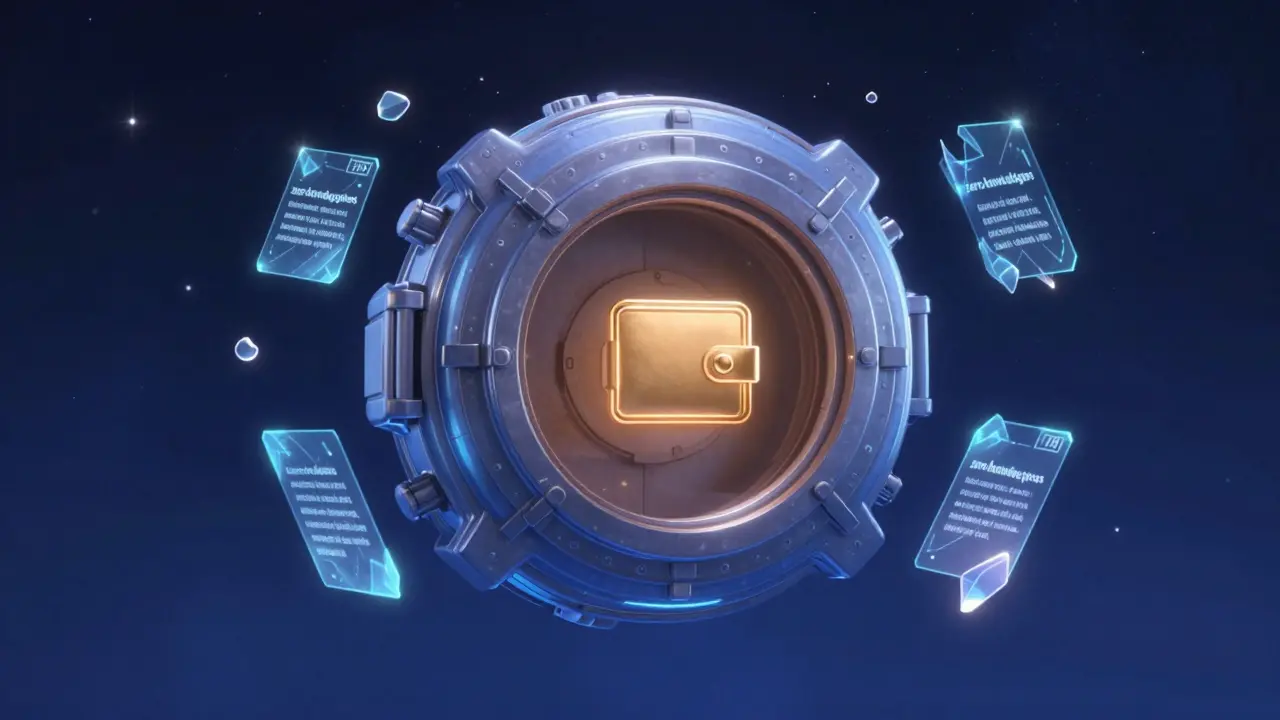 A futuristic floating digital vault symbolizing decentralized finance and privacy