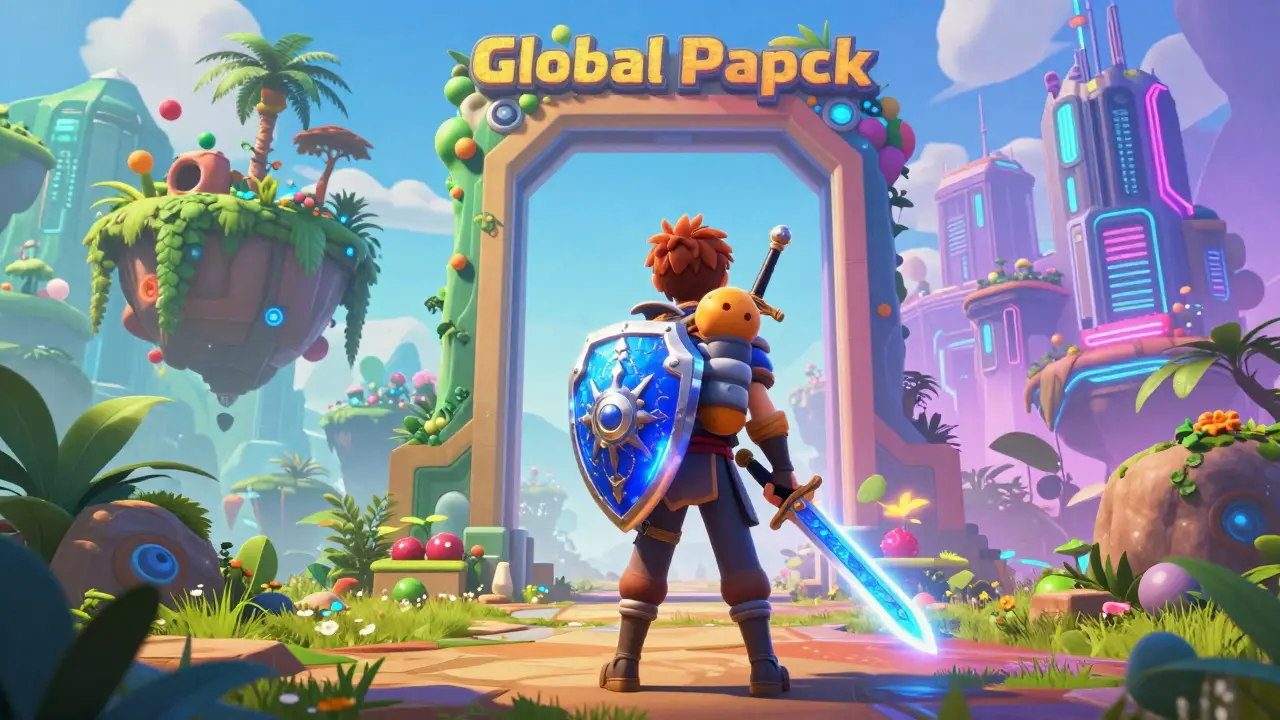 A gaming character carrying legendary gear while crossing a portal between two virtual worlds.