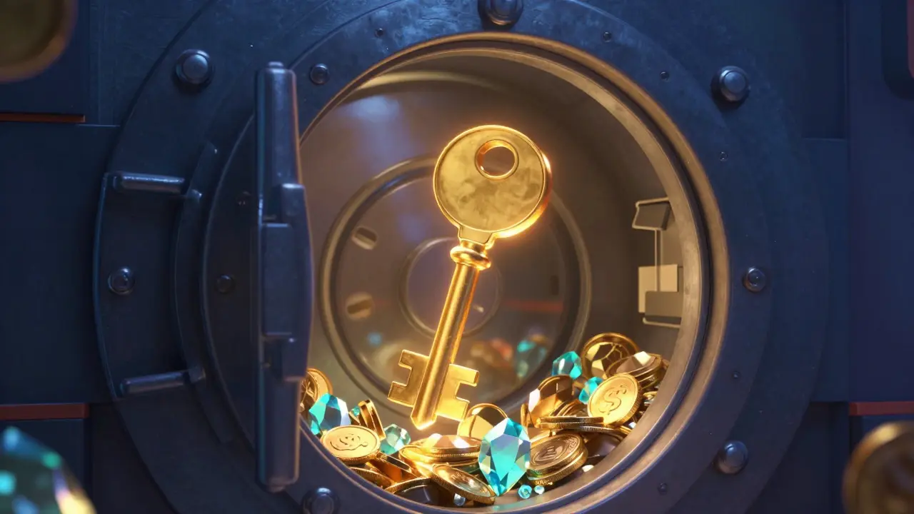 A glowing golden key unlocking a futuristic digital vault filled with tokens